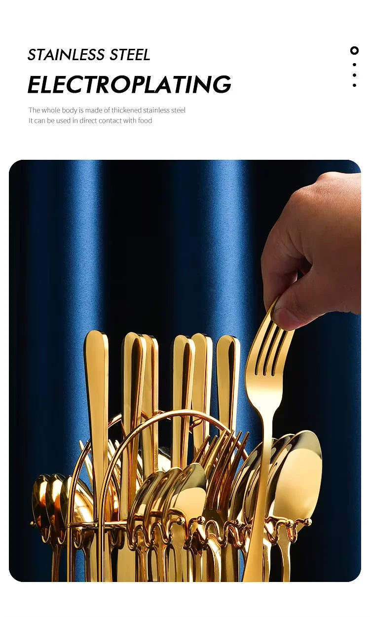 24pcs Knife Fork Spoon Dinnerware Set Rose Gold Tableware Stainless Steel Flatware Kitchen Cutlery Set with Luxury Storage Rack