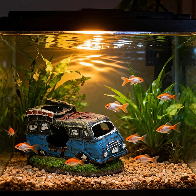 Aquarium Ornament Shaped Like Car Wreckage, Featuring Hiding Holes For Fish And Shrimp, Aquarium Decorations, And Aquascaping.