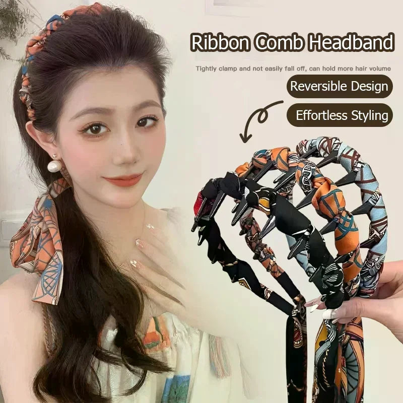 Ribbon Comb Headband, Vintage Wave Headband With Floral Ribbon & Comb - Reversible High Crown Effect Hairband