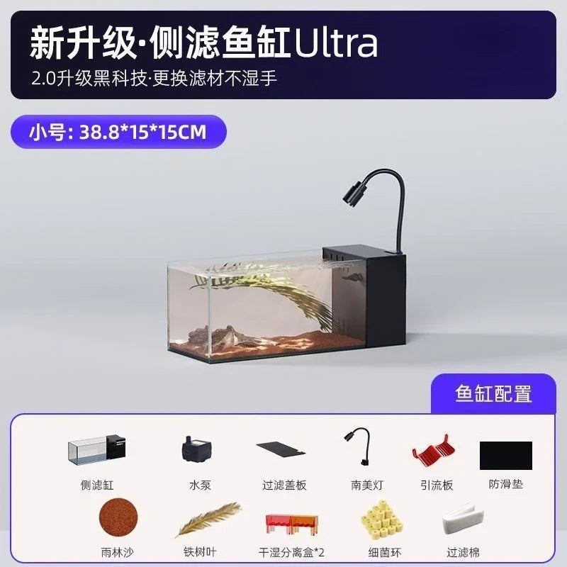 Desktop Stream Side Filter Tank, Ultra-Clear Glass Landscape Fish Tank, Oxygen-Generating Desktop Aquarium for Living Room