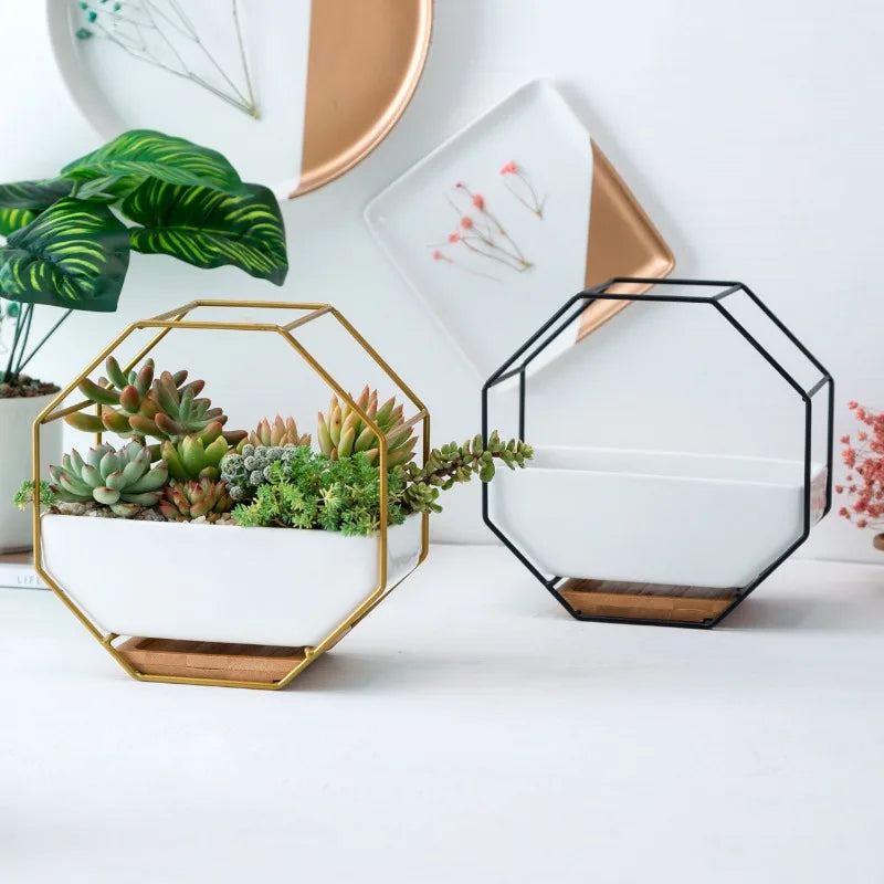 Nordic Creative Ironwork Ceramic Flowerpot Simple Geometric Metal Stand Set Succulent Plant Green Plant Potted Decoration