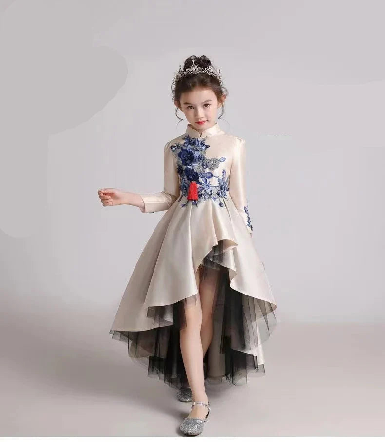 Girls' Fashion Evening Dress Children's Chinese Style Host Piano Performance Costume Dress Kids' Stand up Embroidered SkirtLI852