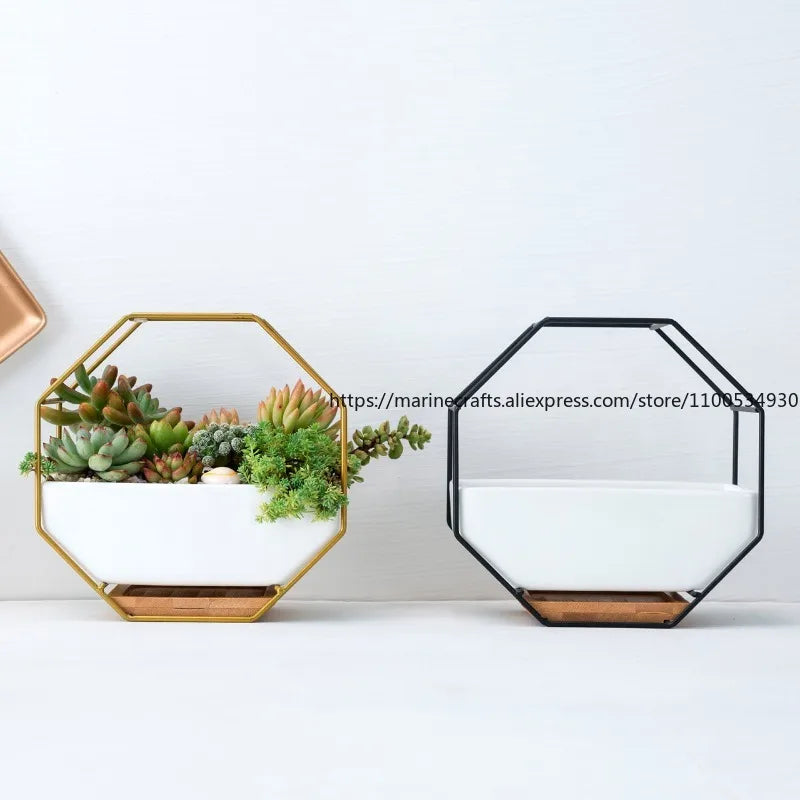 Nordic Creative Ironwork Ceramic Flowerpot Simple Geometric Metal Stand Set Succulent Plant Green Plant Potted Decoration