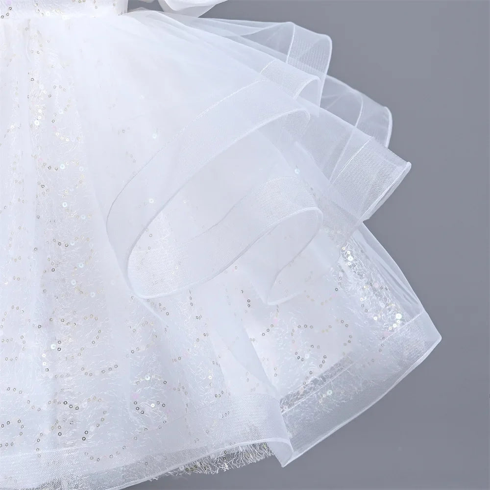 New Girl's Wedding Evening Dress Petal Sequin Mesh Sleeveless Dress Birthday Party School Graduation Party Dress