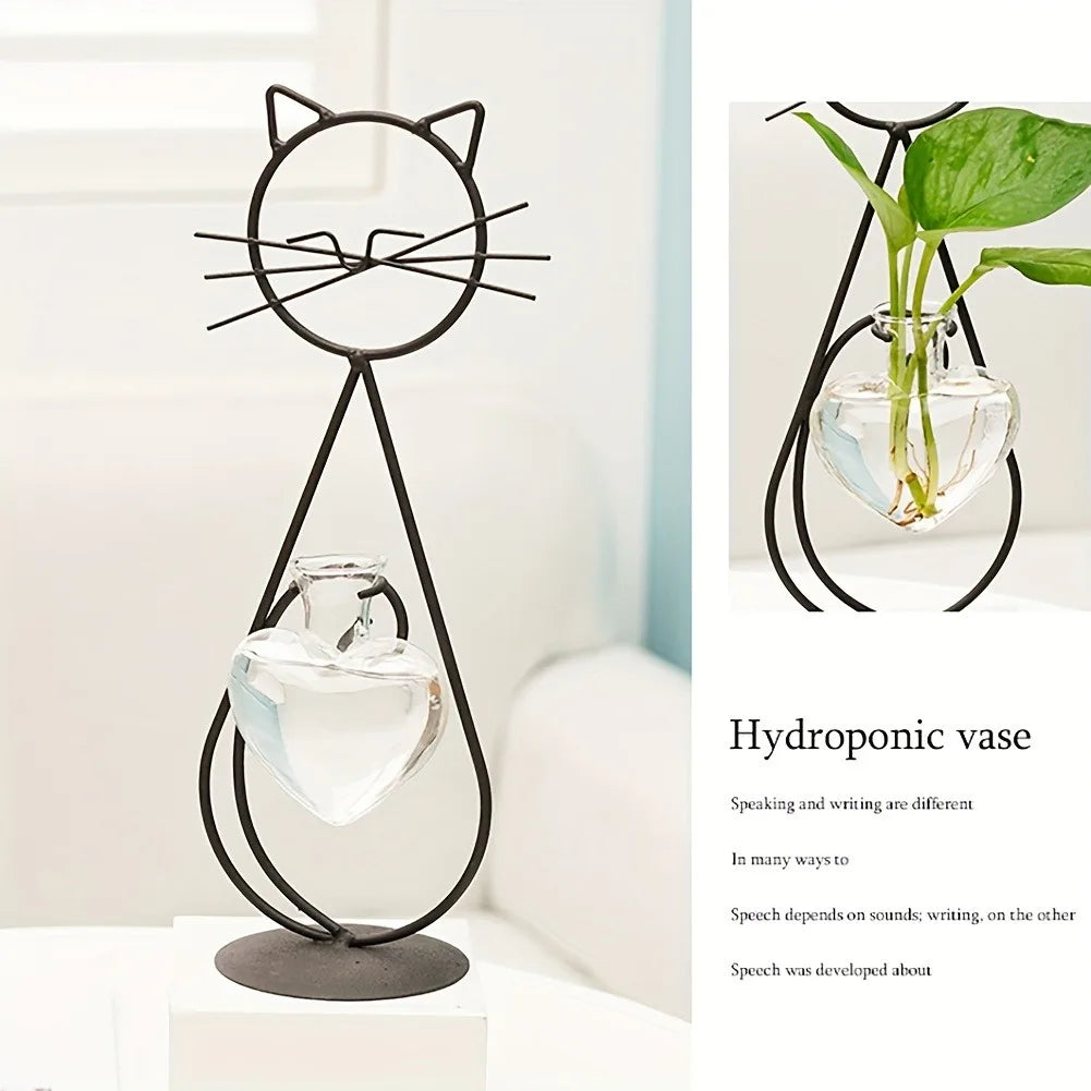 Simple Cat Iron Flower Machine Heart-Shaped Hydroponics Vase Creative Home Living Room Dining Table Decoration