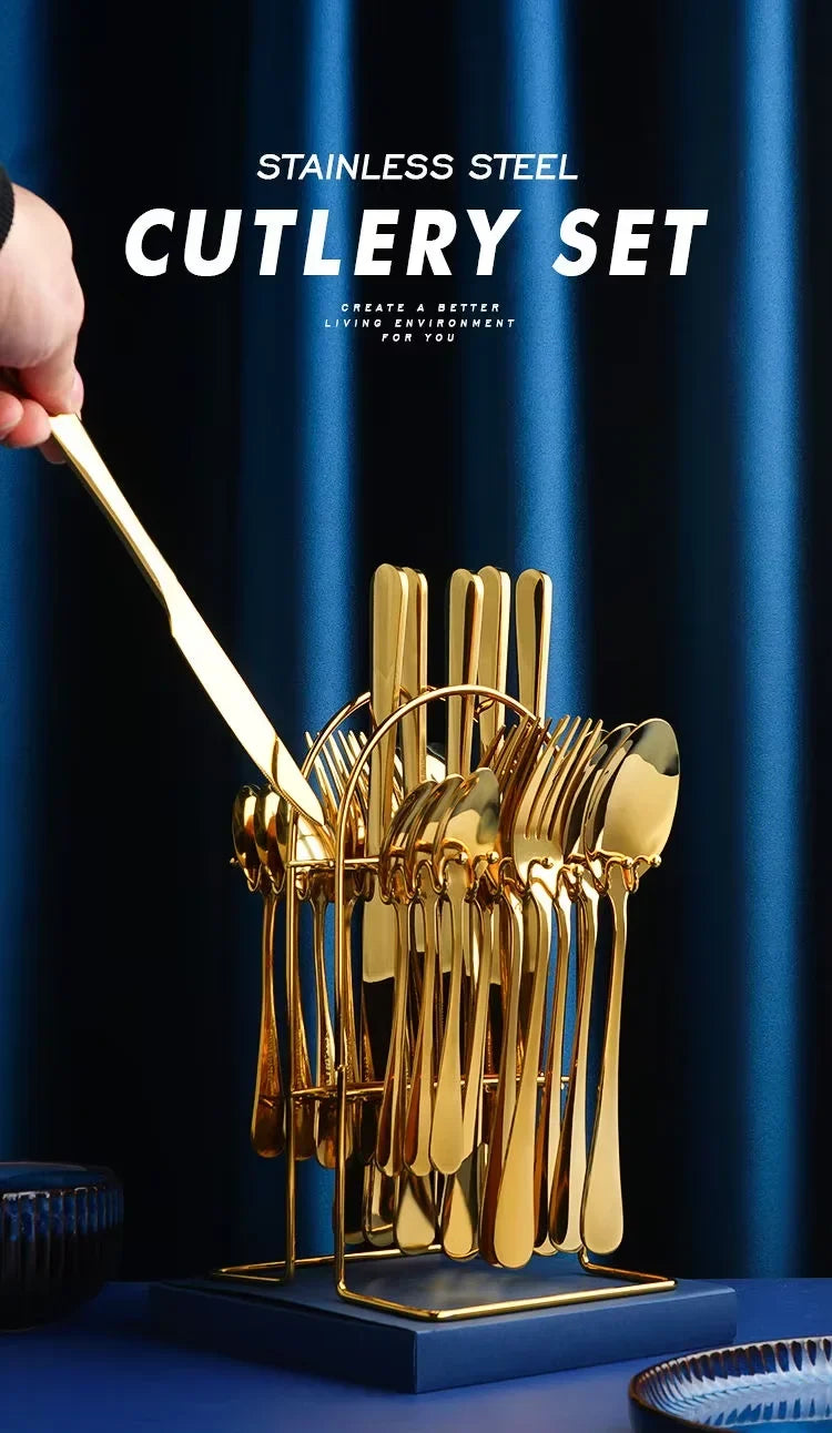 24pcs Knife Fork Spoon Dinnerware Set Rose Gold Tableware Stainless Steel Flatware Kitchen Cutlery Set with Luxury Storage Rack