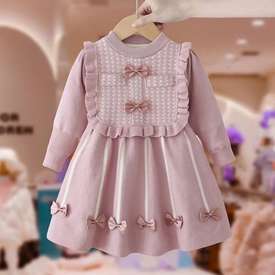 Girls' Dress Winter New Style Western Dress Children's Autumn and Winter Princess Dress Baby New Year Red Knitted Dress (Available)