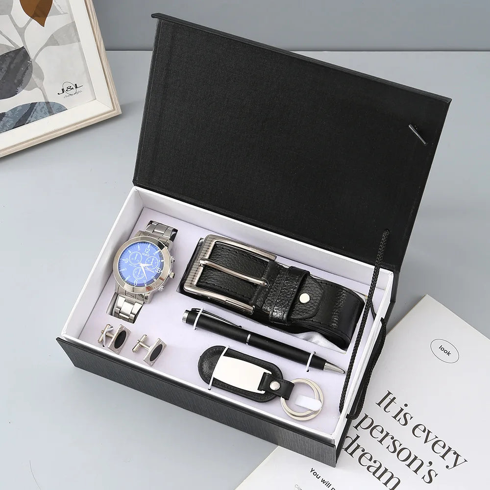 New Watch Men's Gift Set with Box Belt Wallet Set Keychain Sunglasses Cufflinks Ballpoint Pen Father's Day Gift Business Box Set