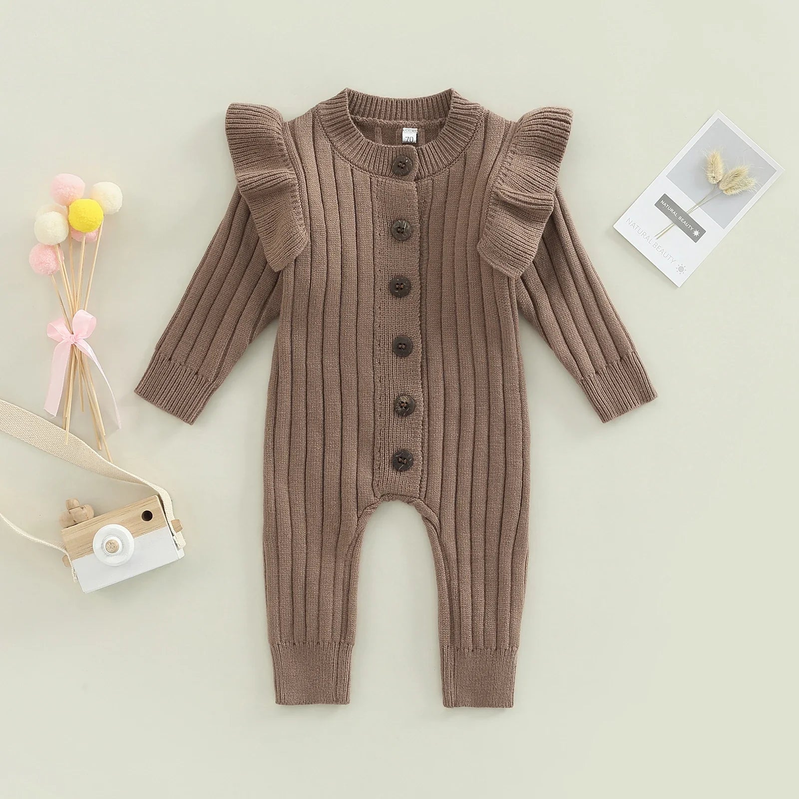 New  Winter Baby Girl’s Knitted Long Sleeve Sweater Jumpsuit Fashion Solid Color Round Neck Ruffles Button Warm Romper Outfits (Available)