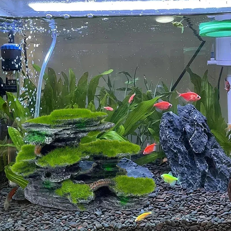 Aquarium Mountain View Stone,Aquarium View Stone, Mossed Aquarium Hideout, Submersible Resin Aquarium Decorations Large