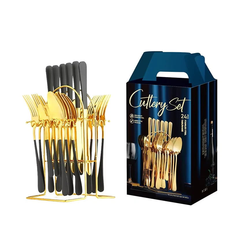 24pcs Knife Fork Spoon Dinnerware Set Rose Gold Tableware Stainless Steel Flatware Kitchen Cutlery Set with Luxury Storage Rack