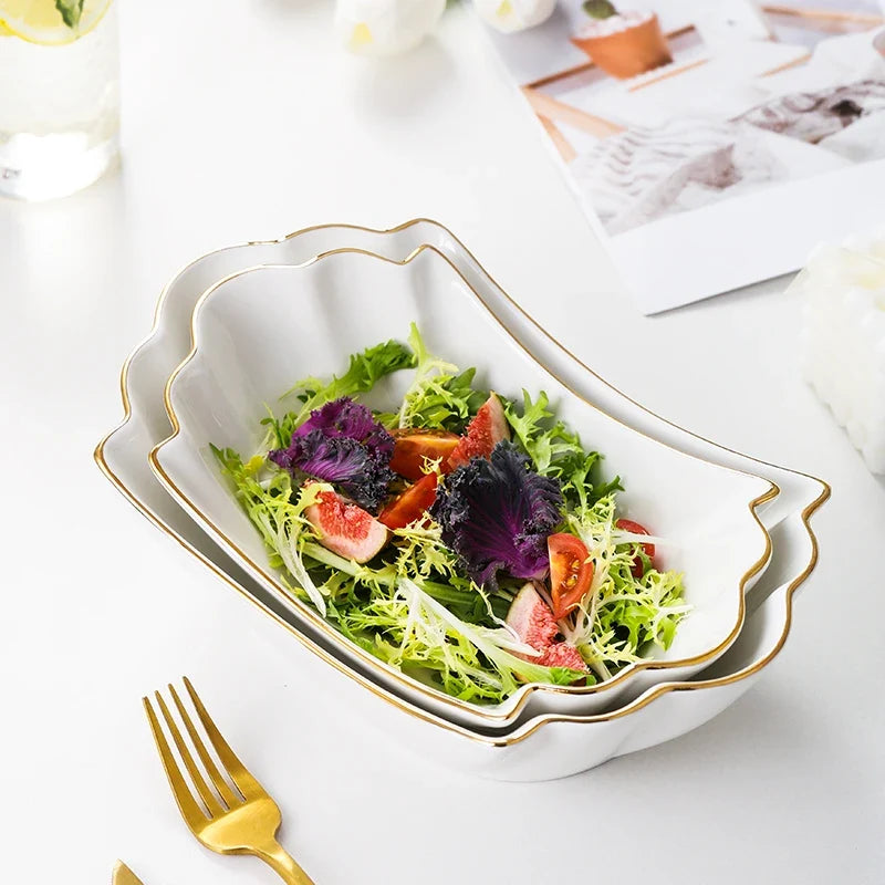 European tracing gold Ceramic Household Soup Bowl shaped Pasta Bowls Fruit Salad Bowl Cold Dish Bowls Hotel restaurant cutlery