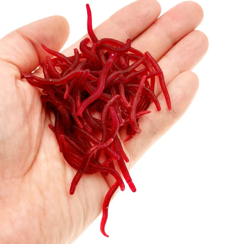 100pcs Red Worm Lure 3.5cm Lifelike Silica Gel Fishy Artificial Red Worm Earthworm Bait Submerge Simulation Lure Pesca