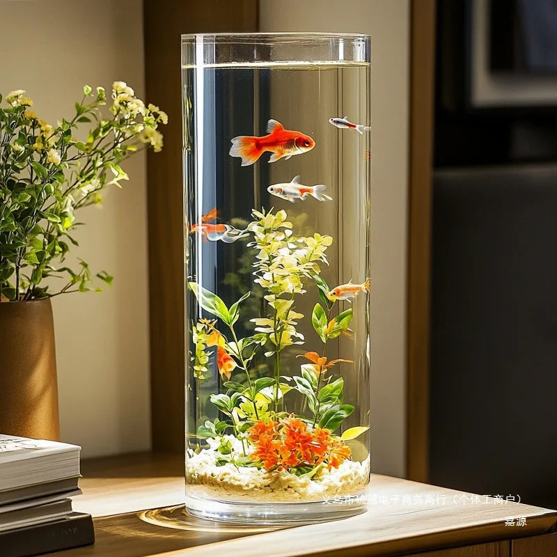 Acrylic Fish Tank Transparent Imitation Glass Goldfish Tank Round Cylindrical Living Room Tabletop Small Anti-Fall Plastic