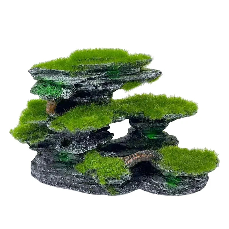 Aquarium Mountain View Stone,Aquarium View Stone, Mossed Aquarium Hideout, Submersible Resin Aquarium Decorations Large