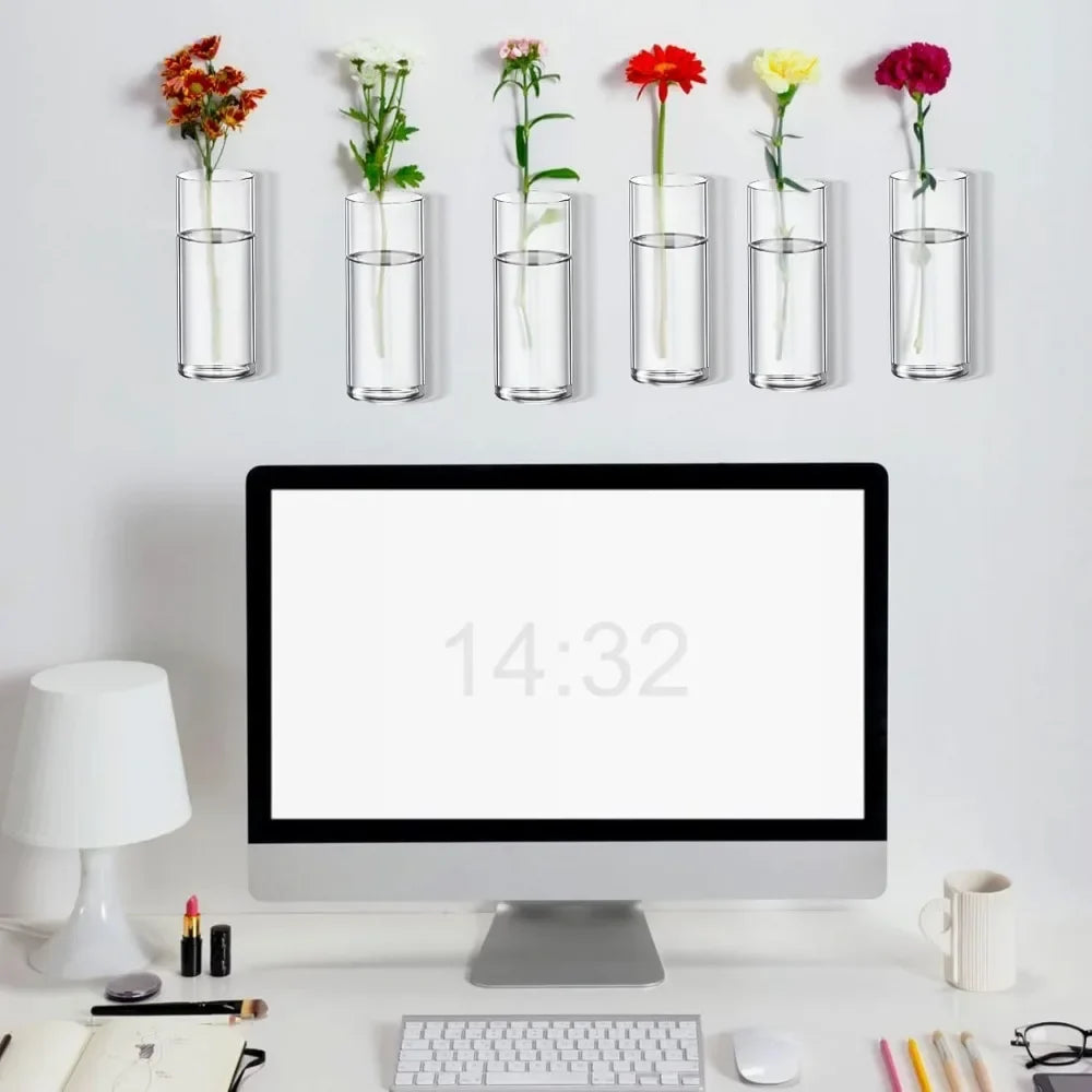 Glass Wall Vase Hanging Hydroponic Planter Wall-Mounted Flower Vases for Home Office Decor with Traceless Hook