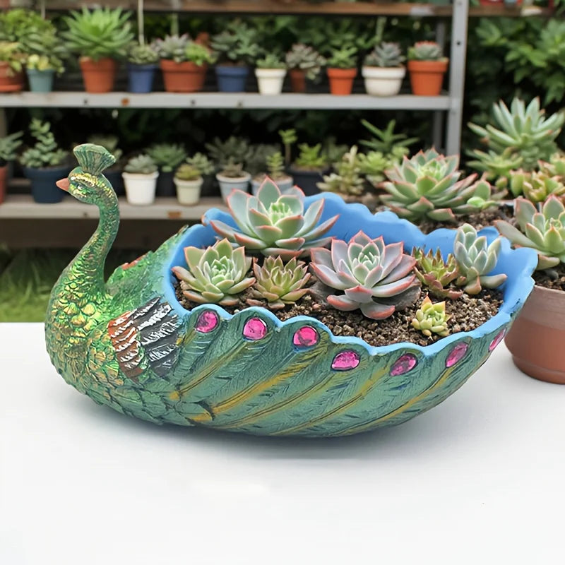 Peacock Succulent Plant Pot - Vibrant Colorful Design Durable Resin Garden Planter for Succulents, Cacti & Hom