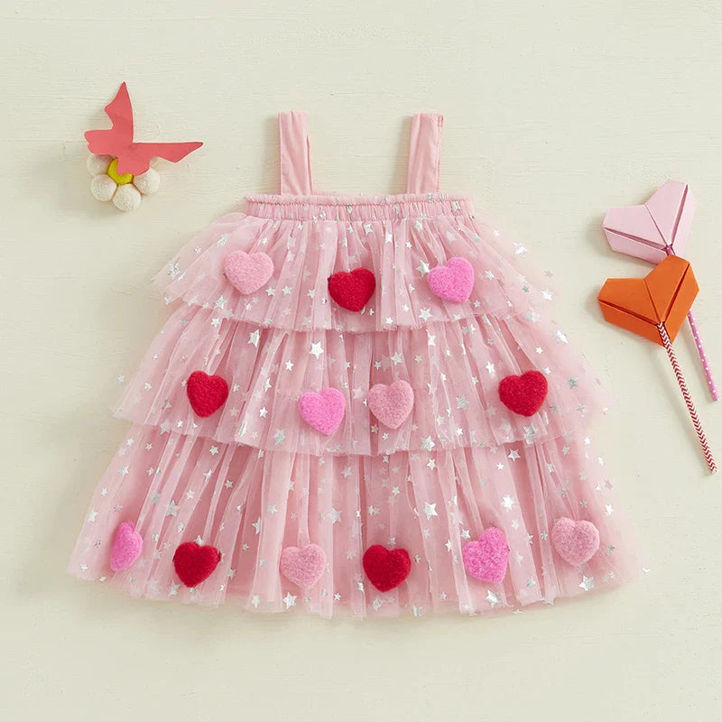 New Girls Dress Sweet Summer Kids Girl 3D Heart Tulle Dress Princess Children Sleeveless Birthday Vestidos Holiday Wear