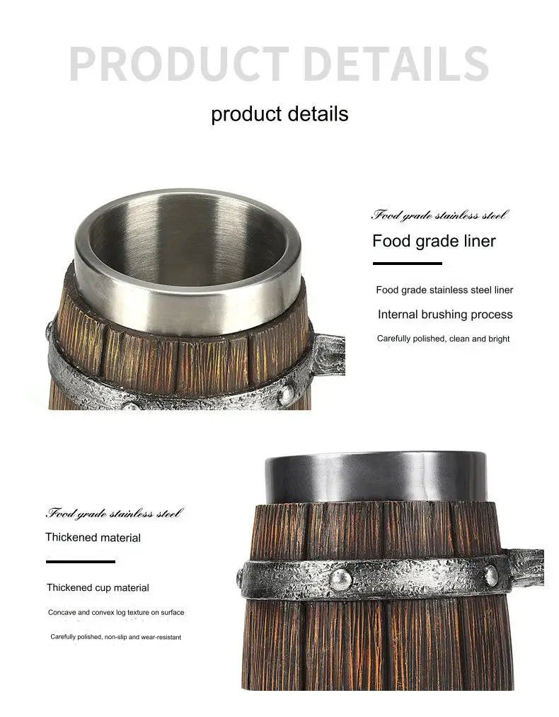 Hot-selling Wooden Barrel Beer mug , Large-capacity  Coffee mug Water bottle ,Tazas de café with stainless steel
