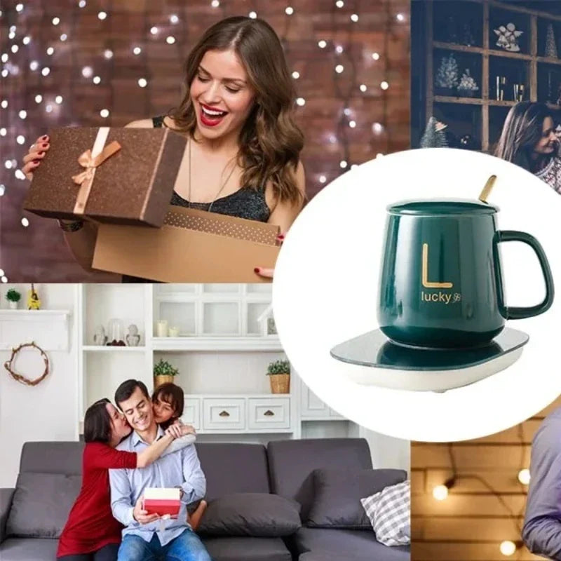 Heated Coffee & Tea Mug Set, Ceramic Thermostatic Cup with Lid & Spoon, Fashionable Lucky Cup, Valentine’s Day Gift