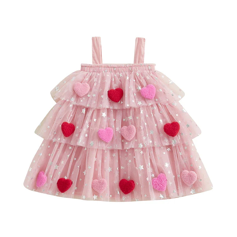 New Girls Dress Sweet Summer Kids Girl 3D Heart Tulle Dress Princess Children Sleeveless Birthday Vestidos Holiday Wear