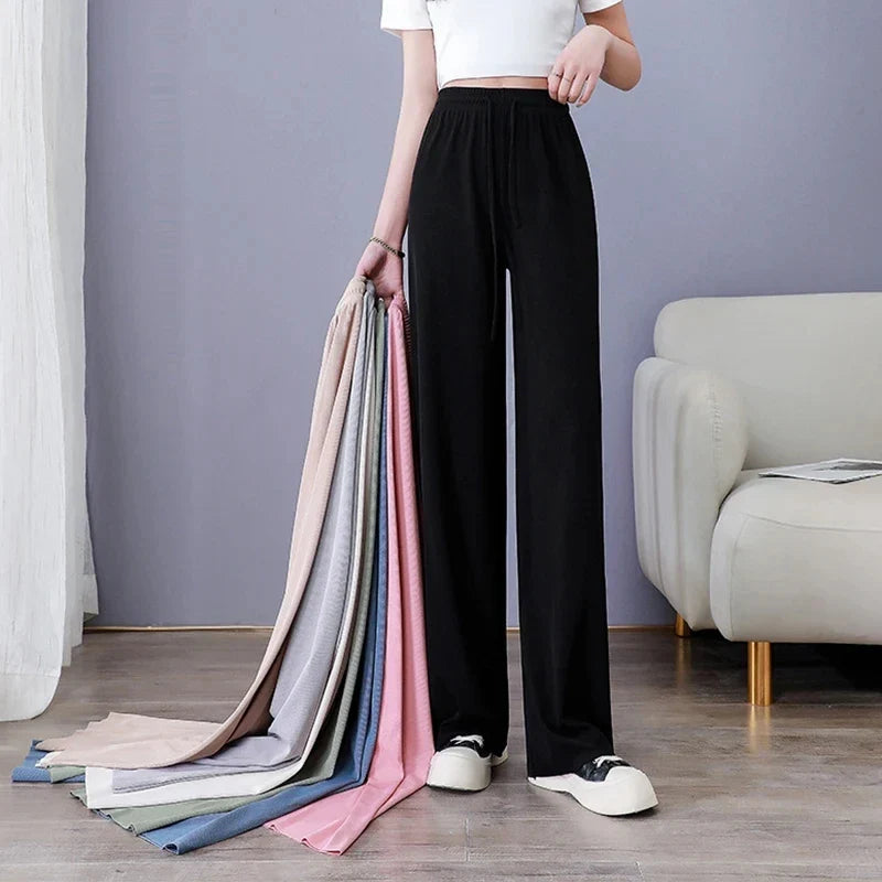 New Women Ankle-Length Wide Leg Pants Casual Summer Solid Elastic Waist Loose Ice Silk Pants Spring Summer Female Trousers