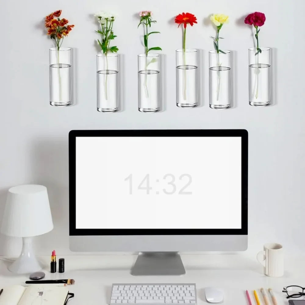 Glass Wall Vase Hanging Hydroponic Planter Wall-Mounted Flower Vases for Home Office Decor with Traceless Hook