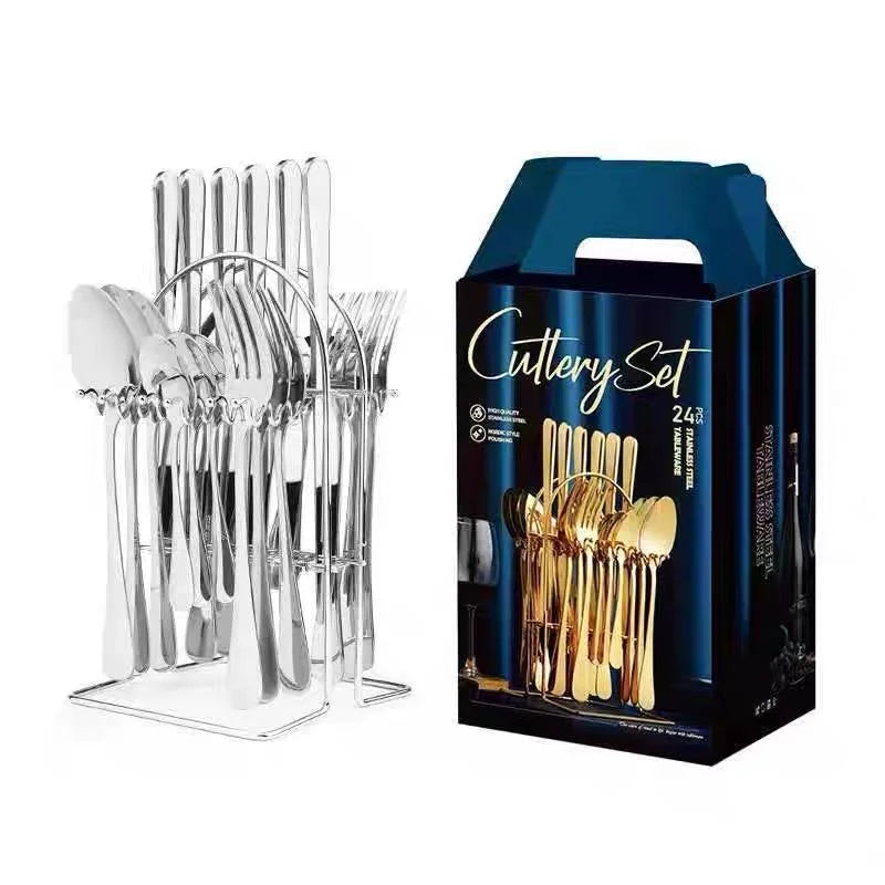 24pcs Knife Fork Spoon Dinnerware Set Rose Gold Tableware Stainless Steel Flatware Kitchen Cutlery Set with Luxury Storage Rack