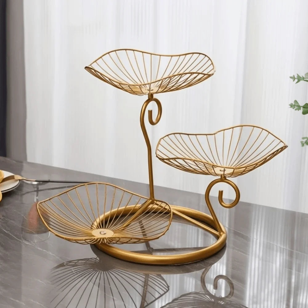 Lotus Leaf Shape 3-Tier Fruit Basket Vintage Space-Saving Multi-Layer Serving Tray with Base Metal Wire Fruit Basket