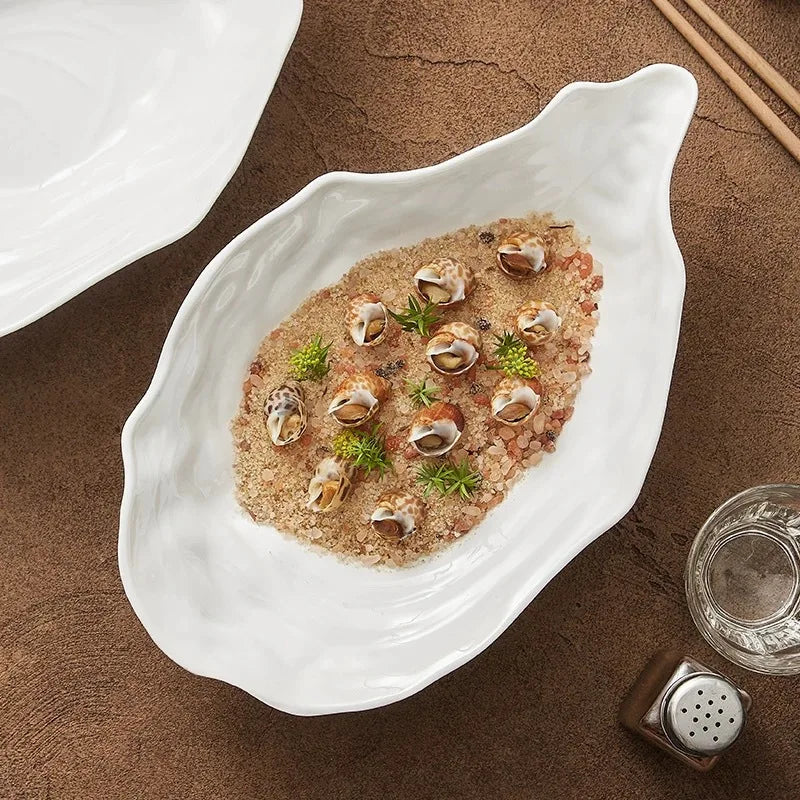 Pure White Oyster Bowl Plate Irregular Ceramic Bowl Shaped Salad Fruit Bowl Main Course Decorative Plate Household Tableware
