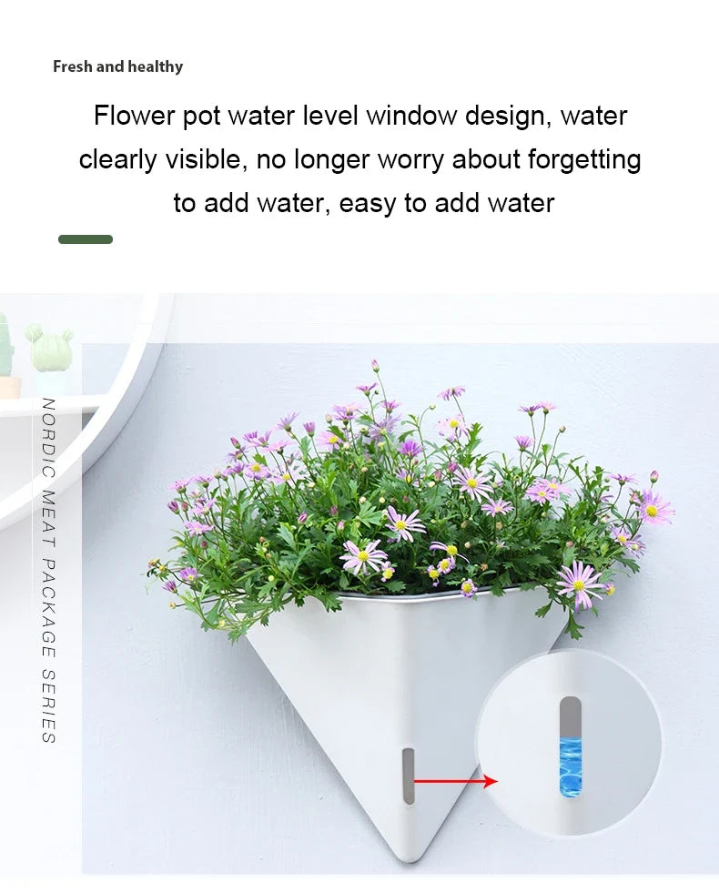 Fashion Triangular Wall Mounted Flower Pots Self Watering Hanging Basin for Plants Lazy Flowerpot Office Home Garden Accessories