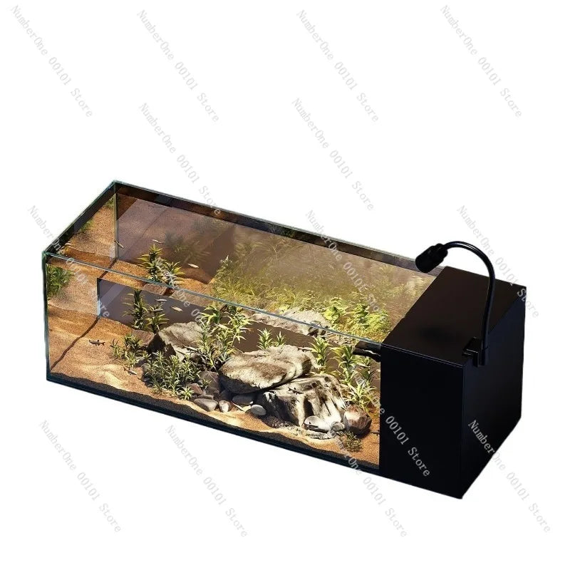 Desktop Stream Side Filter Tank, Ultra-Clear Glass Landscape Fish Tank, Oxygen-Generating Desktop Aquarium for Living Room