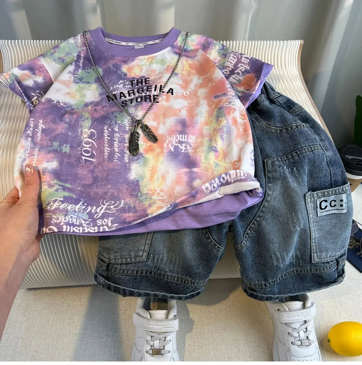 New Boys Fashion Summer Cotton Letter Printing T-shirts+Graffiti Denim Shorts 2pcs Set Kids Korean Outfits Sets Children Clothes