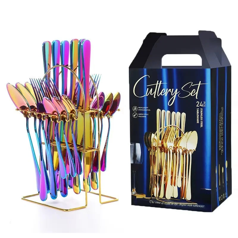 24pcs Knife Fork Spoon Dinnerware Set Rose Gold Tableware Stainless Steel Flatware Kitchen Cutlery Set with Luxury Storage Rack