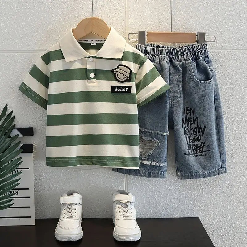 Boys  Summer Outfit T-Shirt and Jeans Korean Polo Fashion  Casual Clothing Korean Reviews Top Toddler Kids Clothes Sets