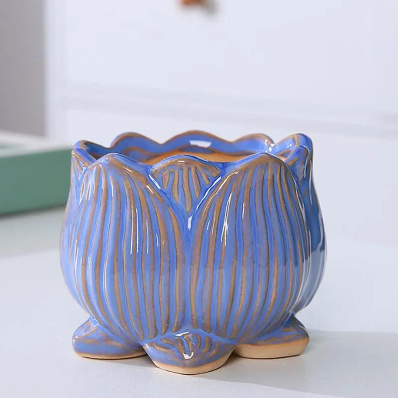 Ceramic Lotus Design Succulent Plant Pot Flower Pot Bonsai Vase with A Hole Lotus Planter Container Garden Home Decor