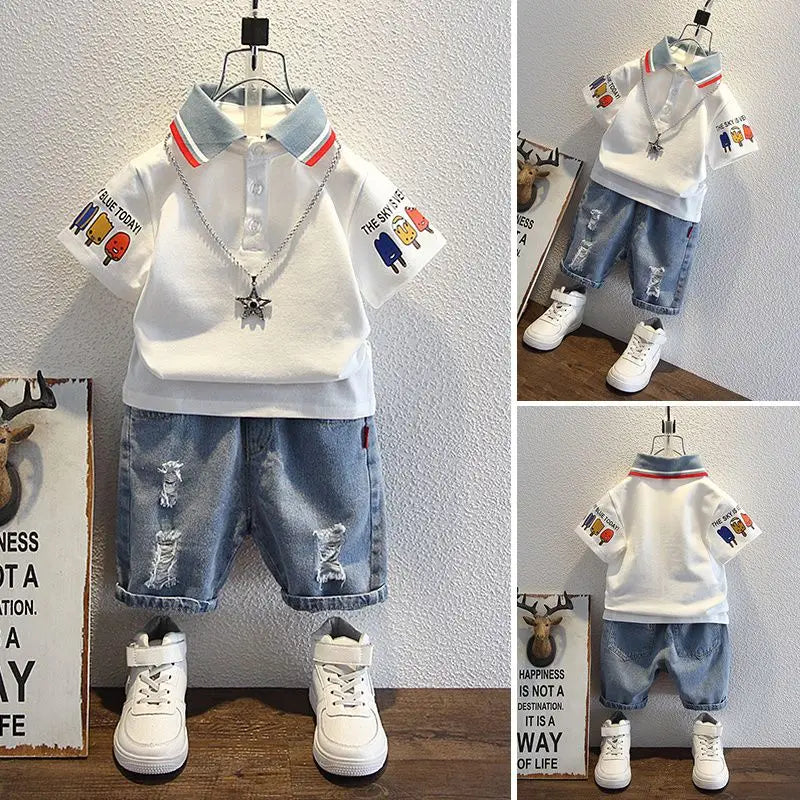Boys  Summer Outfit T-Shirt and Jeans Korean Polo Fashion  Casual Clothing Korean Reviews Top Toddler Kids Clothes Sets