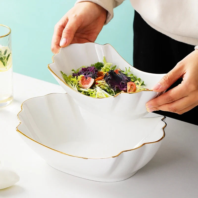 European tracing gold Ceramic Household Soup Bowl shaped Pasta Bowls Fruit Salad Bowl Cold Dish Bowls Hotel restaurant cutlery