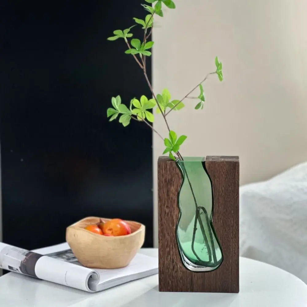 Desktop Ornament Wooden Glass Vase Transparent Modern Hydroponic Flower Holder Removable Creative Flower Pot Home