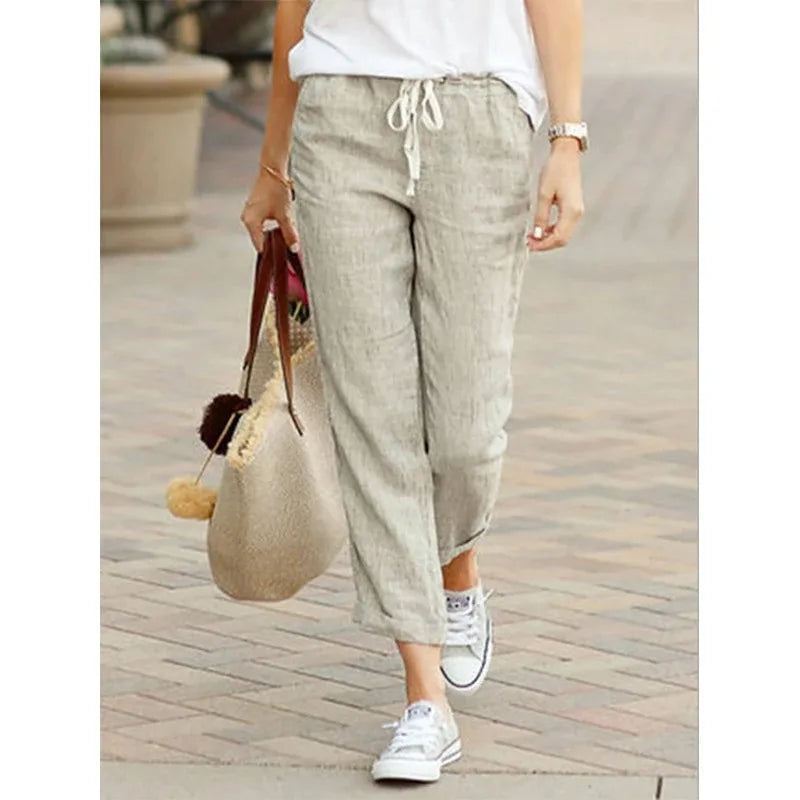 Autumn Cotton Women's Pants  Black Drawstring Elastic Waist Casual Pants Female Loose Fashion Elegant Ladies Bottom