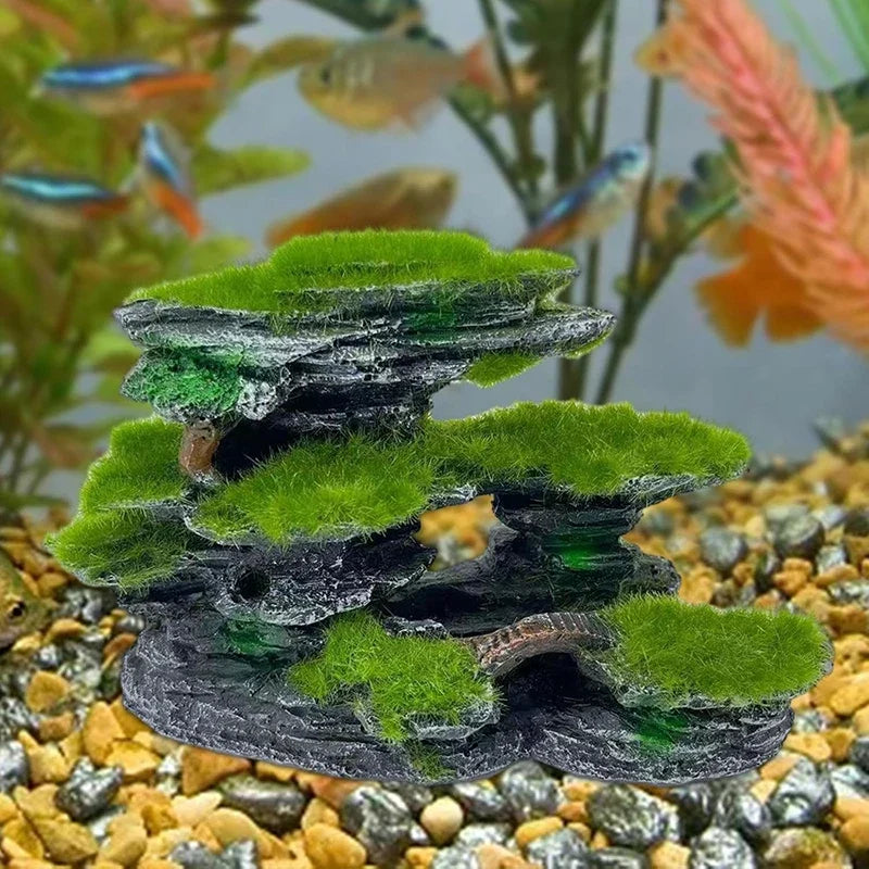 Aquarium Mountain View Stone,Aquarium View Stone, Mossed Aquarium Hideout, Submersible Resin Aquarium Decorations Large
