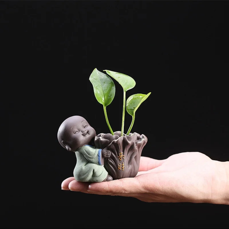 Fortune Lucky Cute The Little Monk Purple Clay Tea Pet Home Decor Mini Water Planting Flower Vase