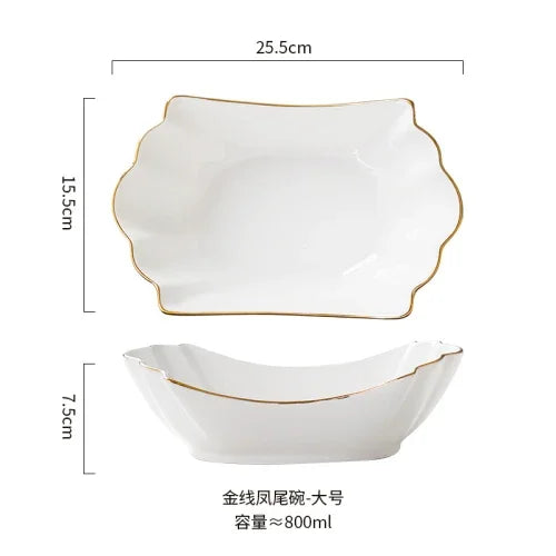 European tracing gold Ceramic Household Soup Bowl shaped Pasta Bowls Fruit Salad Bowl Cold Dish Bowls Hotel restaurant cutlery