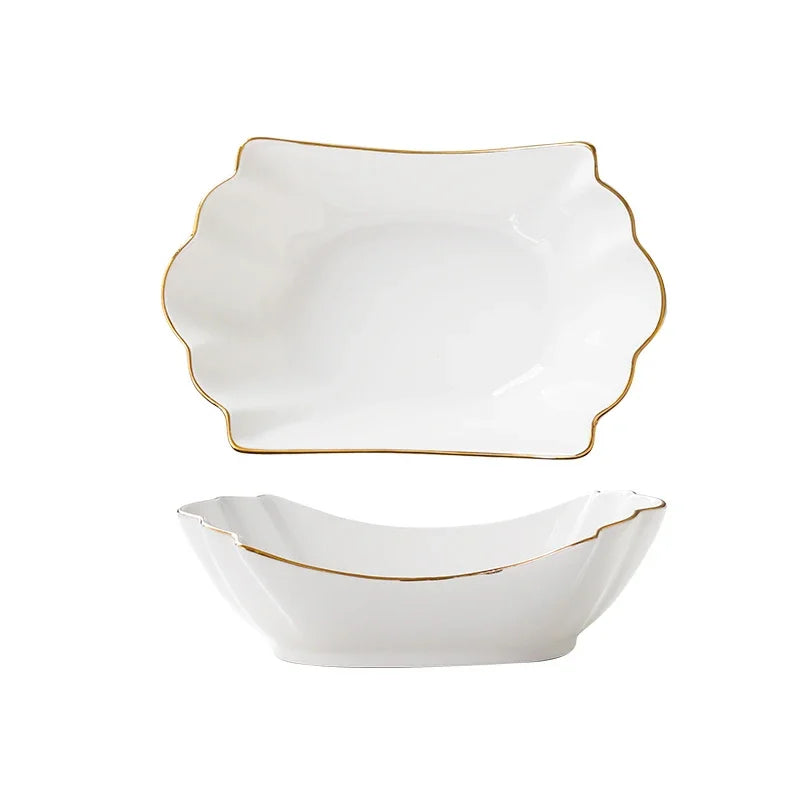 European tracing gold Ceramic Household Soup Bowl shaped Pasta Bowls Fruit Salad Bowl Cold Dish Bowls Hotel restaurant cutlery