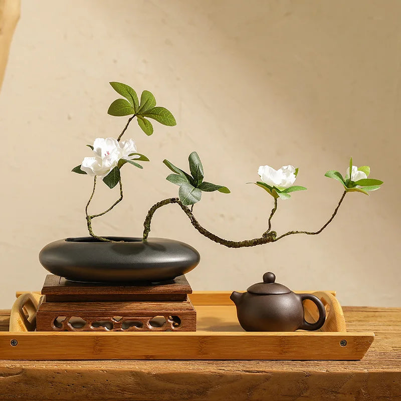 Chinese Style Ceramics Vase Flower Pot Black White Cobblestone Deformation Flower Arrangement Accessories Modern Home Decoration
