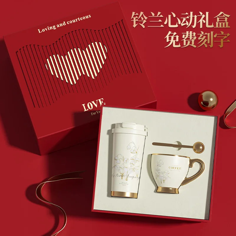 Gold Rim Ceramic Coffee Mug Large Luxury Ceramic Cup Set For GiftStainless Steel Vacuum Flask Customizable