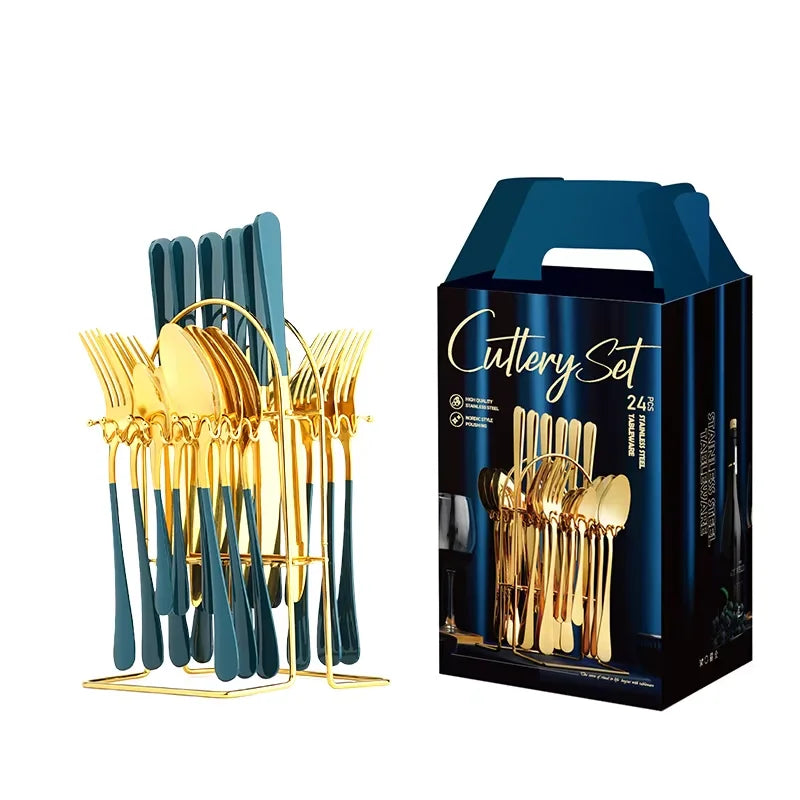 24pcs Knife Fork Spoon Dinnerware Set Rose Gold Tableware Stainless Steel Flatware Kitchen Cutlery Set with Luxury Storage Rack