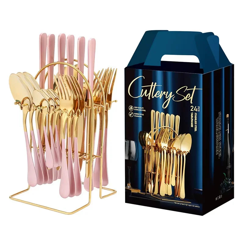 24pcs Knife Fork Spoon Dinnerware Set Rose Gold Tableware Stainless Steel Flatware Kitchen Cutlery Set with Luxury Storage Rack