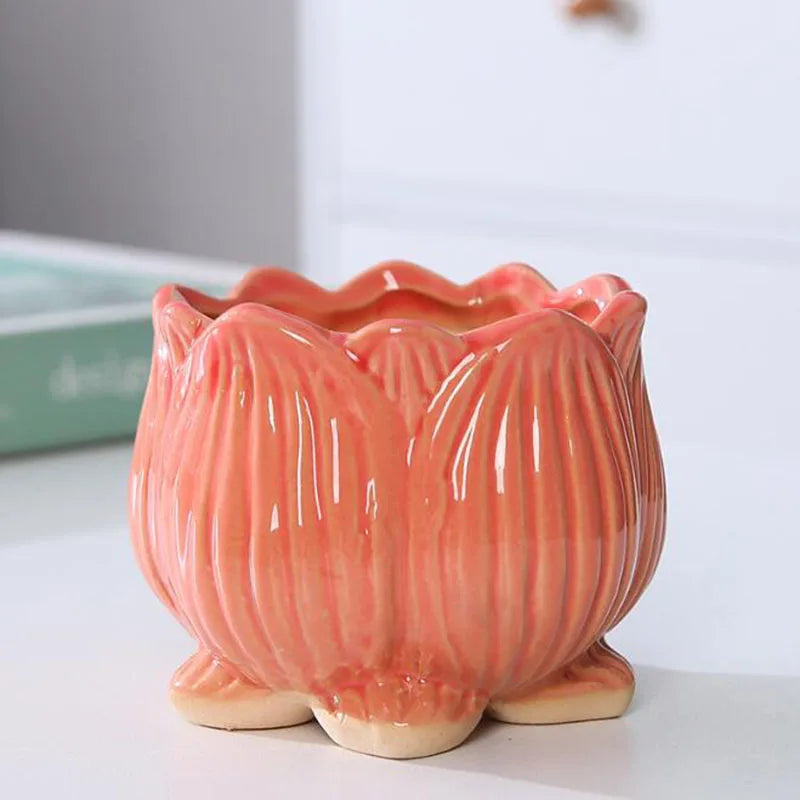 Ceramic Lotus Design Succulent Plant Pot Flower Pot Bonsai Vase with A Hole Lotus Planter Container Garden Home Decor
