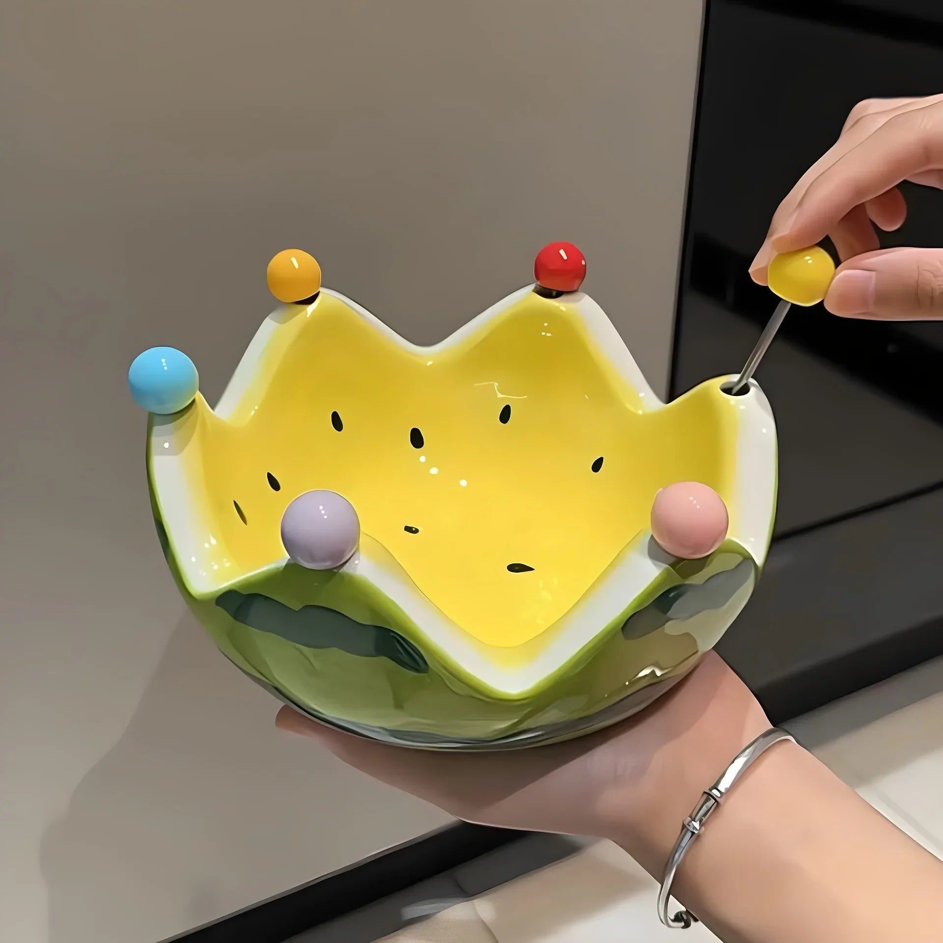 Watermelon Fruit Plate Creative Ceramic Fruit Fork Set Large Capacity Living Room Coffee Table Fruit Bowl Plate Cute  Ornaments